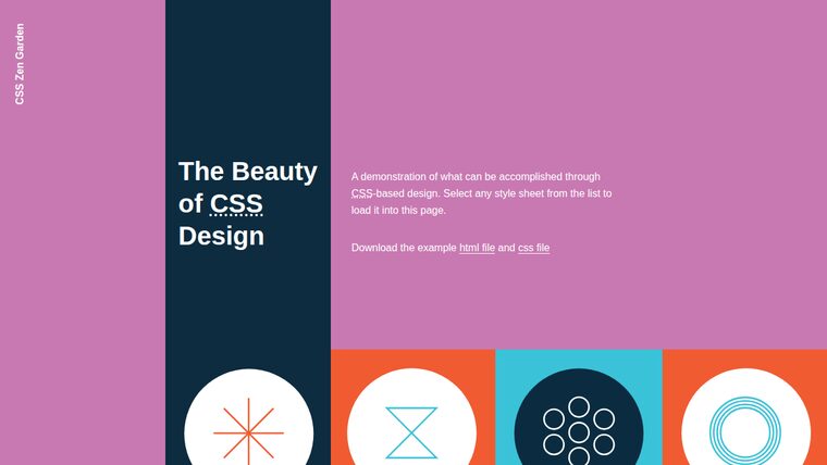 CSS Zen Garden 'Mid Century Modern' design: pink, teal, geometric