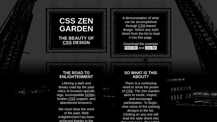 CSS Zen Garden 'Steel' design: dark industrial photography